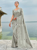Pale Grey Handwork Embroidery Wedding Saree