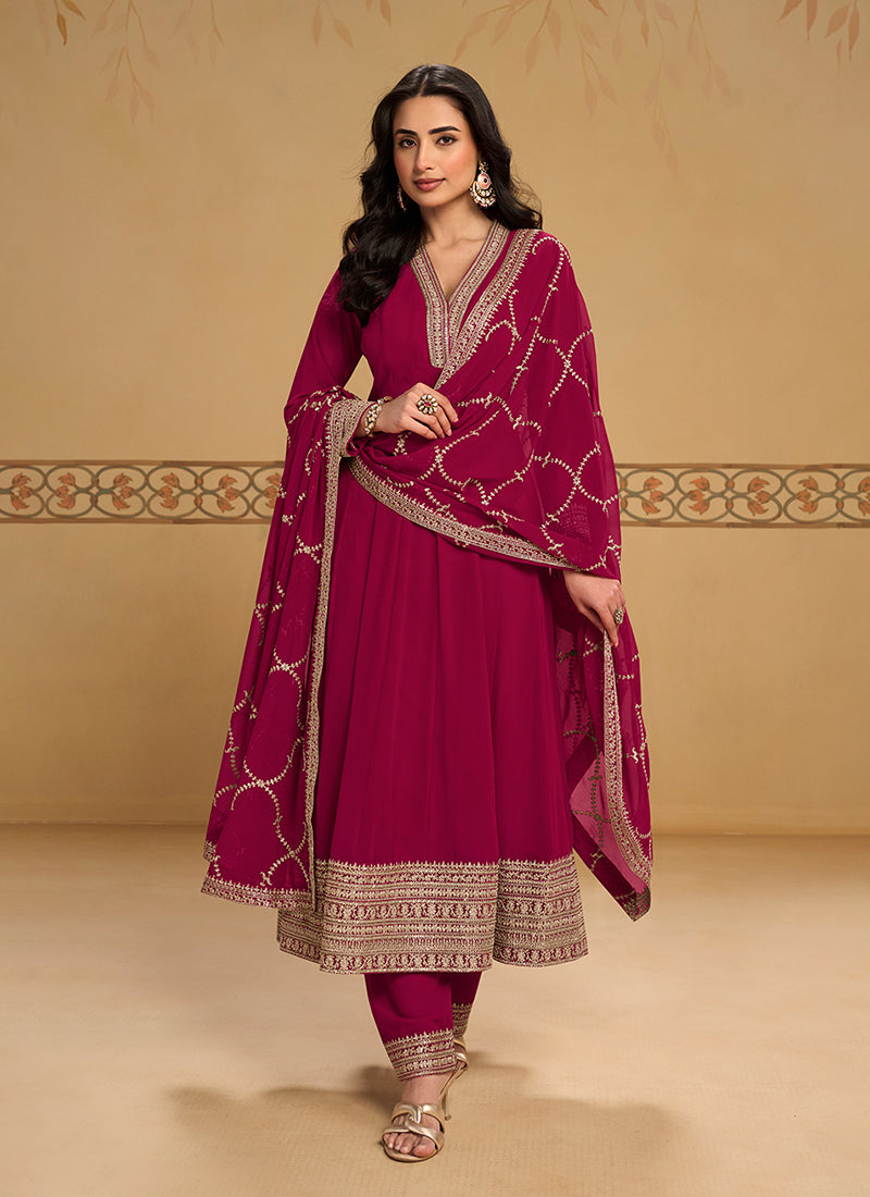 Magenta Embroidered Anarkali Pant Style Suit