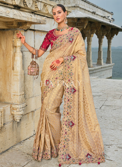 Beige Red Handwork Embroidery Wedding Saree