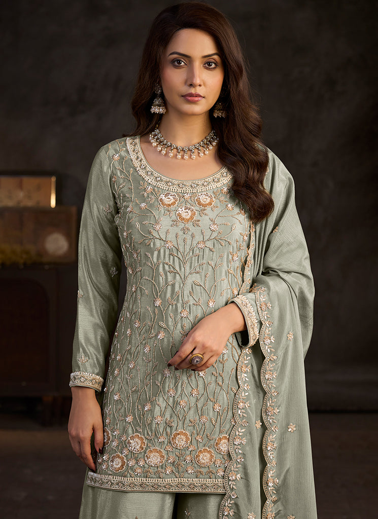 Sage Handwork Embroidered Palazzo Suit