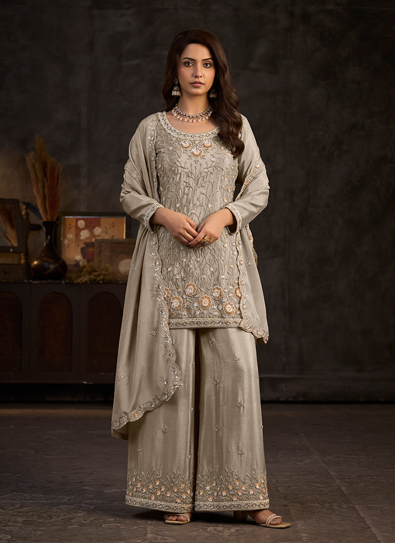 Copper Beige Handwork Embroidered Palazzo Suit