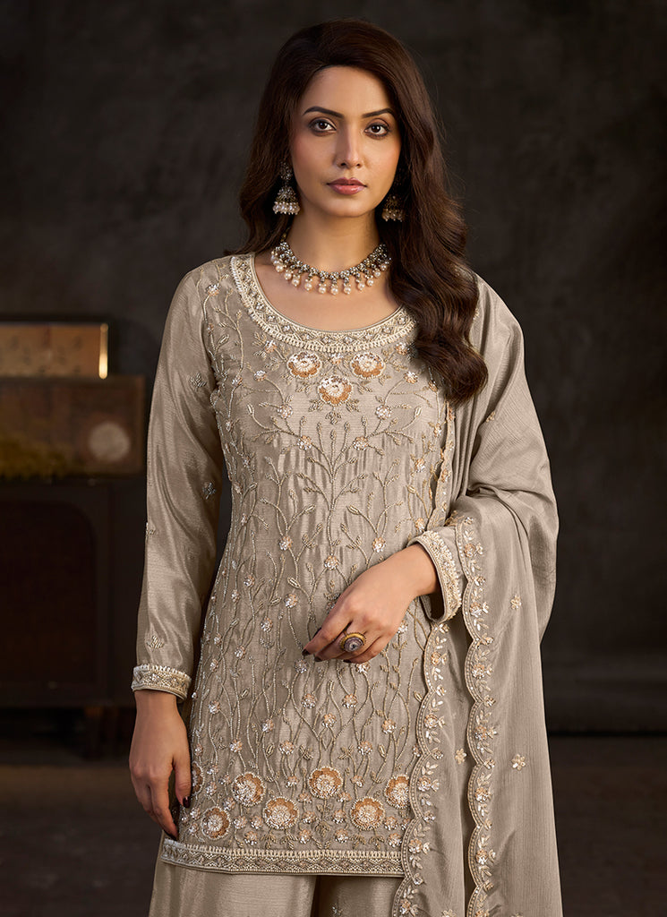 Copper Beige Handwork Embroidered Palazzo Suit