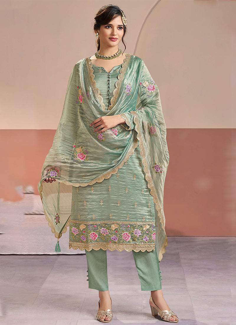 Sea Green Embroidery Festive Salwar Kameez