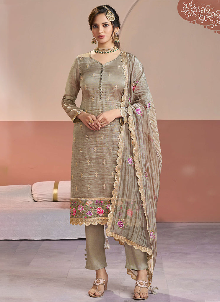 Beige Brown Embroidery Festive Salwar Kameez