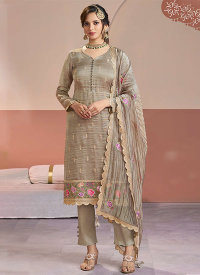 Beige Brown Embroidery Festive Salwar Kameez