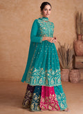 Teal Blue Multi Embroidered Wedding Anarkali Lehenga Suit