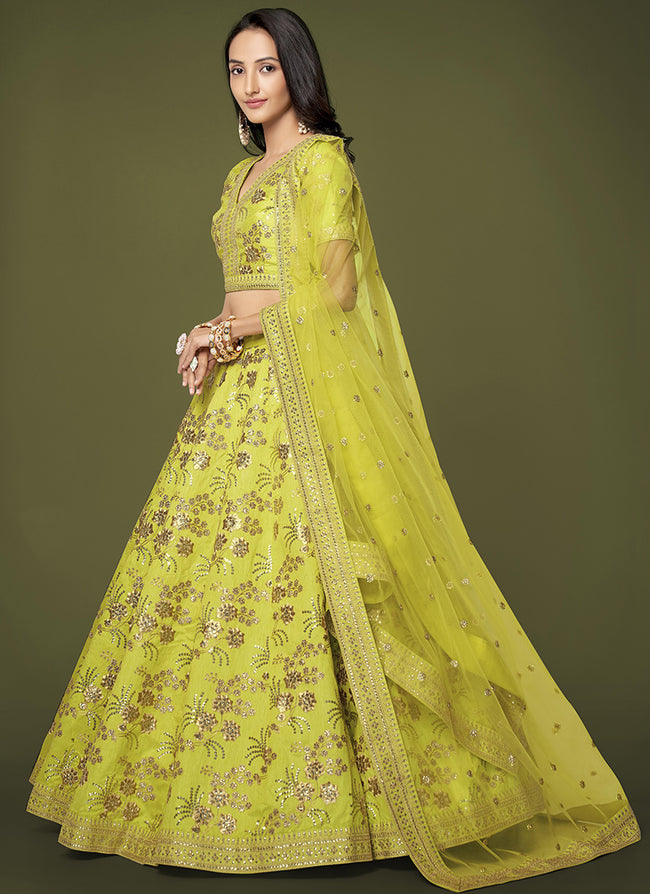 Buy Yellow-Green Floral Digital Printed Organza Lehenga Choli Online At  Zeel Clothing