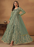 Teal Blue Cording Embroidery Slit Style Anarkali Pant Suit