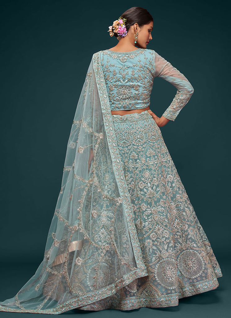 Aqua Blue Resham Thread Embroidery Lehenga Choli And Dupatta xs Aqua Blue Resham Thread Embroidery Lehenga Choli And Dupatta xs
