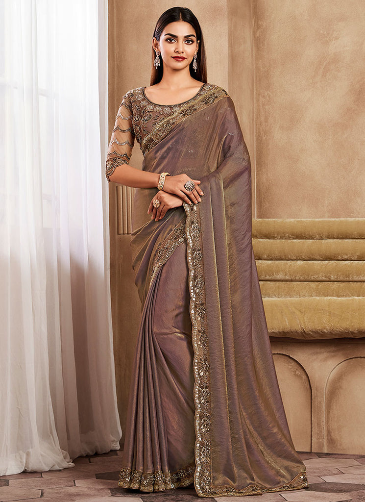 Brown Two Tone Sequence Wedding Silk Saree