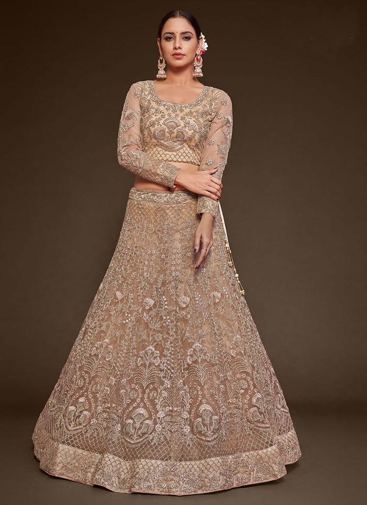 Buy Beige Golden Resham Thread Embroidery Lehenga Choli And Dupatta Online | Hatkay Buy Beige Golden Resham Thread Embroidery Lehenga Choli And Dupatta Online | Hatkay
