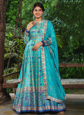 Turquoise Sequence Embroidery Digital Printed Anarkali Suit