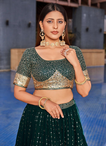 Green Golden Sequence Embroidery Lehenga Choli And Dupatta