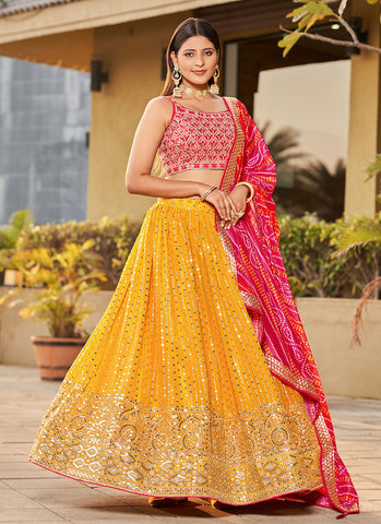 Yellow And Pink Sequence Embroidery Lehenga Choli And Dupatta