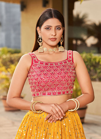 Yellow And Pink Sequence Embroidery Lehenga Choli And Dupatta