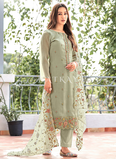 Sage Green Floral Embroidered Pakistani Suit