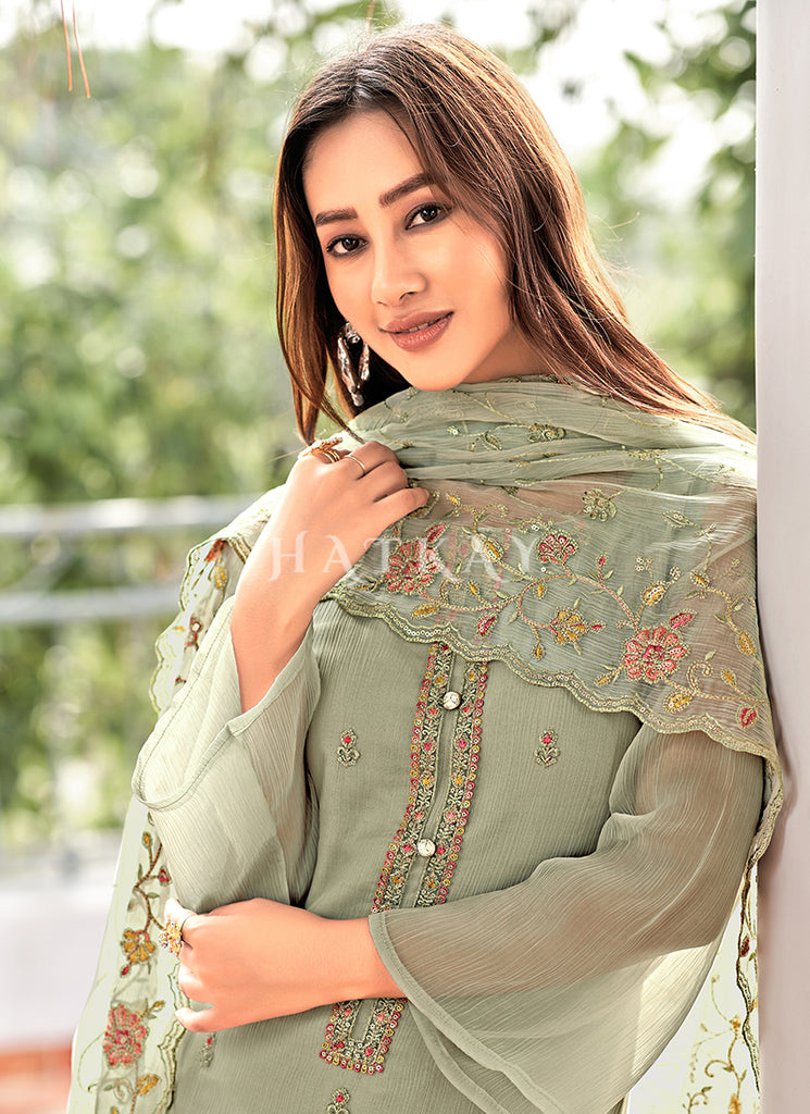 Buy Sage Green Floral Embroidered Pakistani Suit Online | Hatkay Buy Sage Green Floral Embroidered Pakistani Suit Online | Hatkay