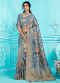 Blue Floral Digital Printed Organza Silk Saree