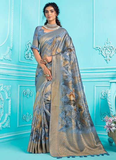 Blue Floral Digital Printed Organza Silk Saree