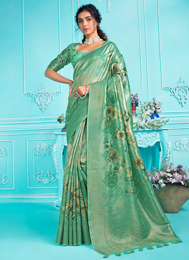 Green Floral Digital Printed Organza Silk Saree