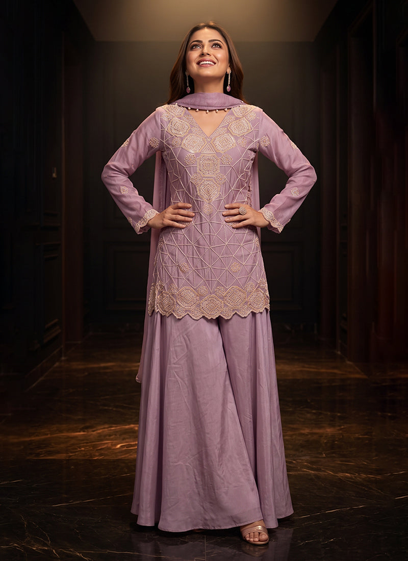 Mauve Purple Embroidered Palazzo Suit