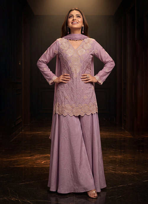 Mauve Purple Embroidered Palazzo Suit