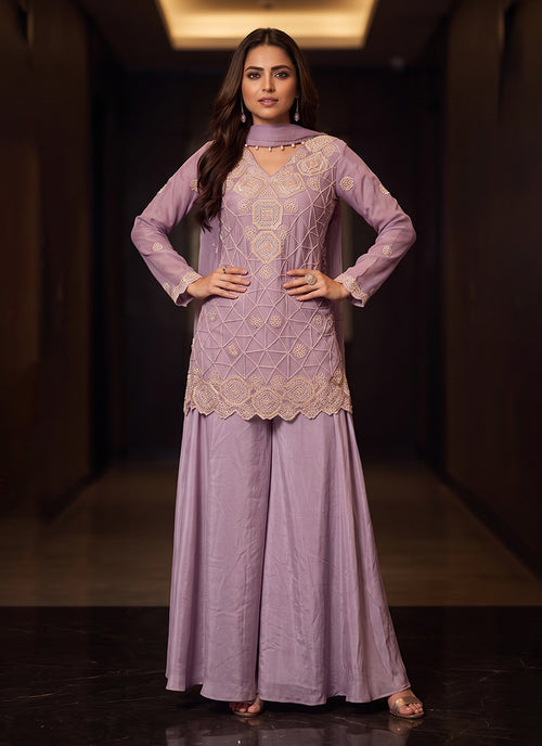 Mauve Purple Embroidered Palazzo Suit