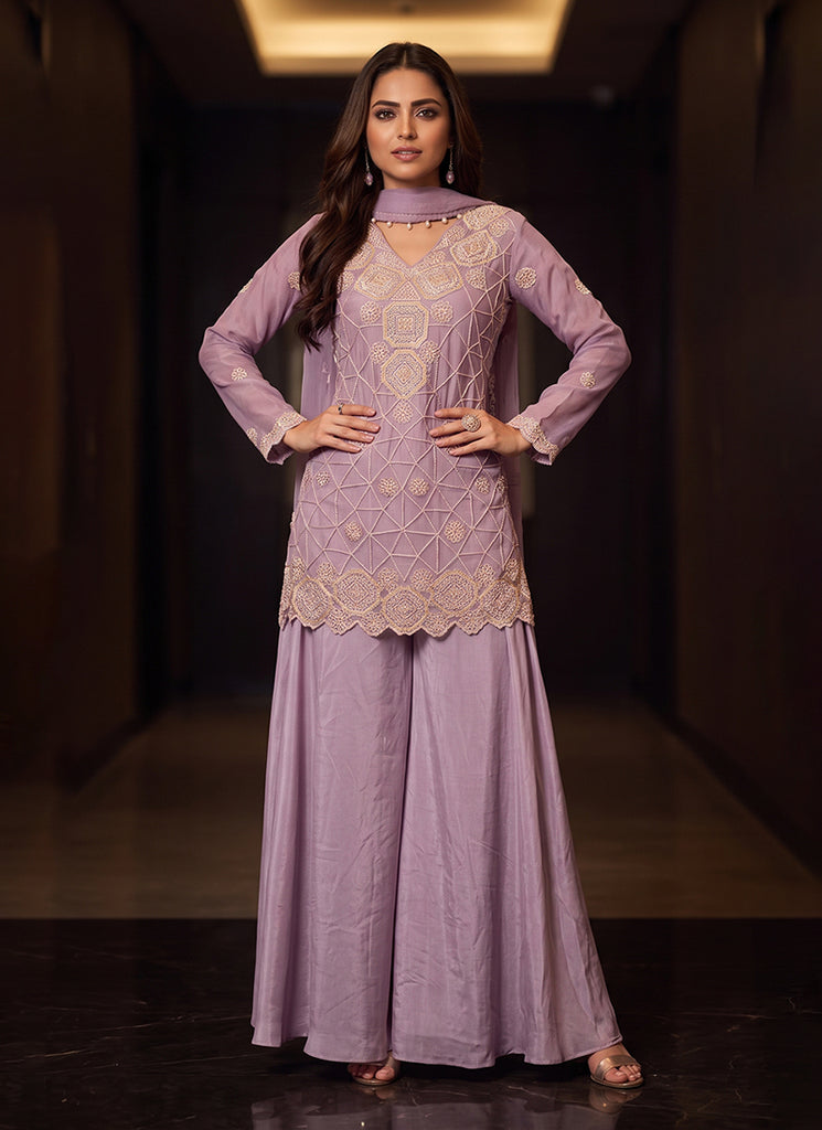 Mauve Purple Embroidered Palazzo Suit