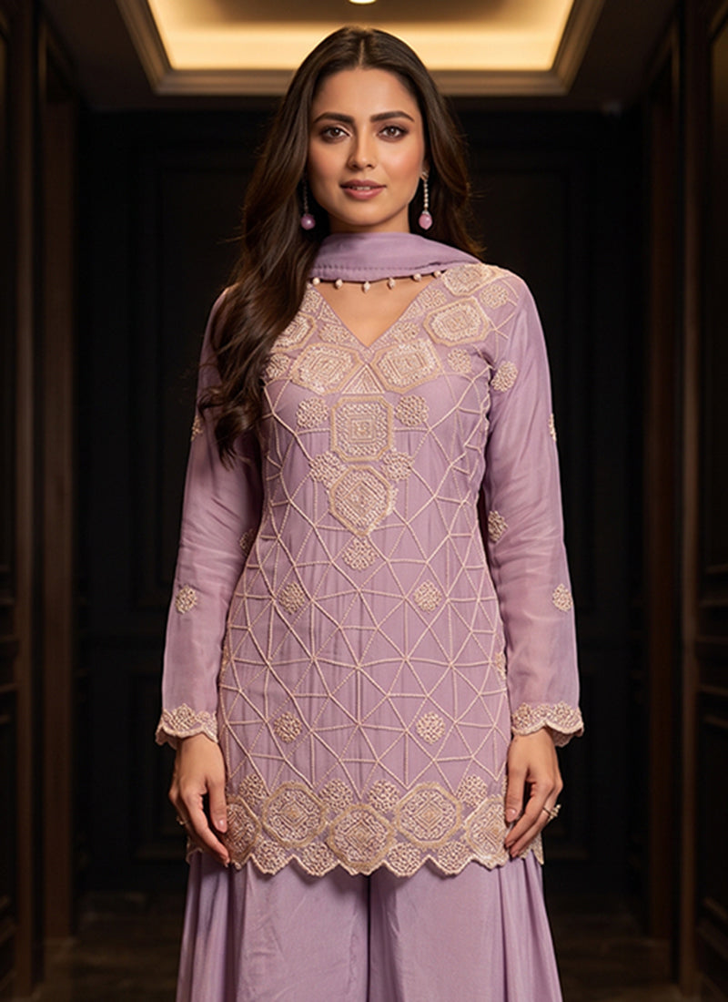 Mauve Purple Embroidered Palazzo Suit