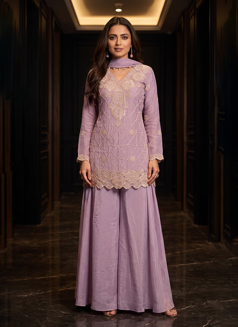 Mauve Purple Embroidered Palazzo Suit