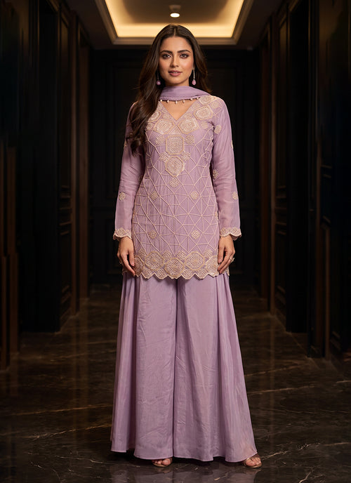 Mauve Purple Embroidered Palazzo Suit