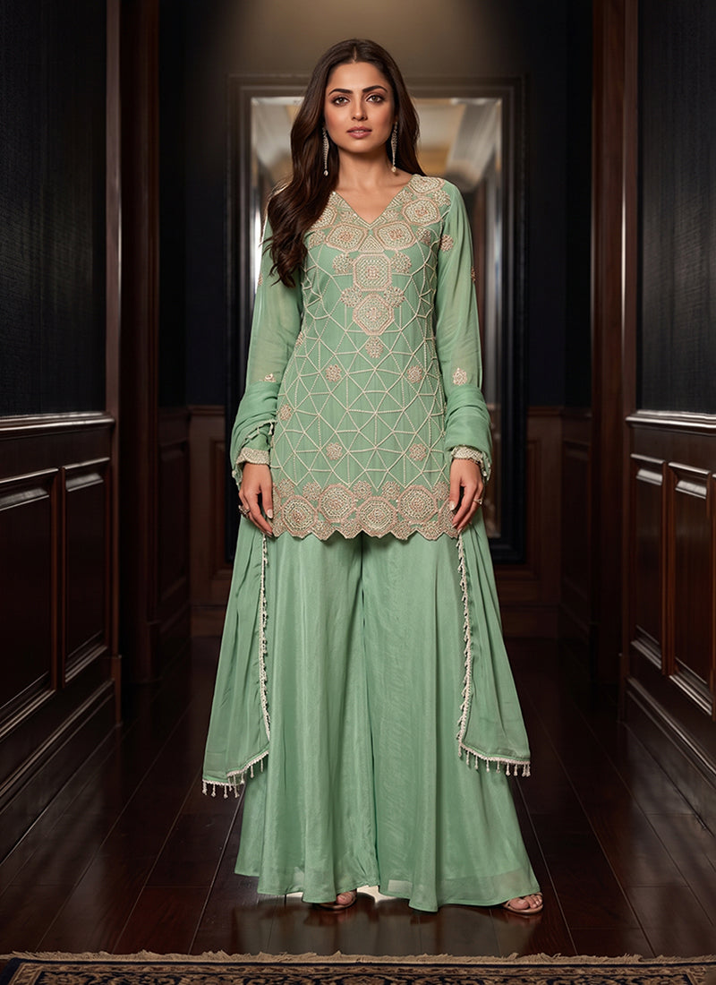 Mint Green Embroidered Palazzo Suit