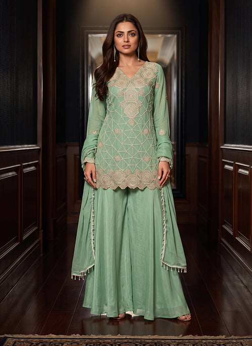 Mint Green Embroidered Palazzo Suit