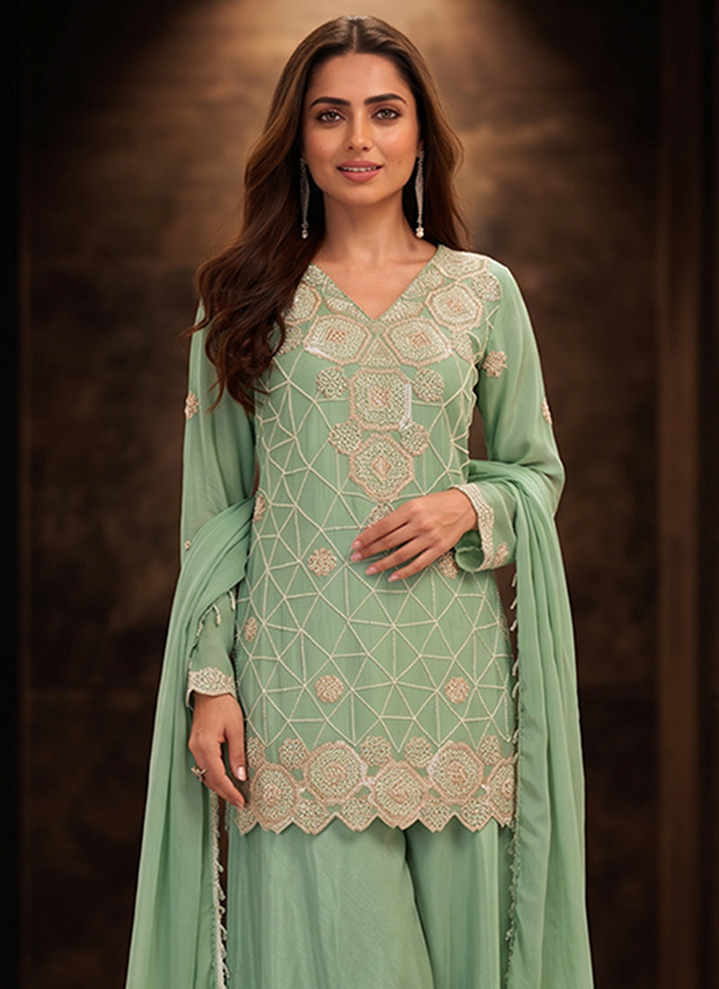 Mint Green Embroidered Palazzo Suit