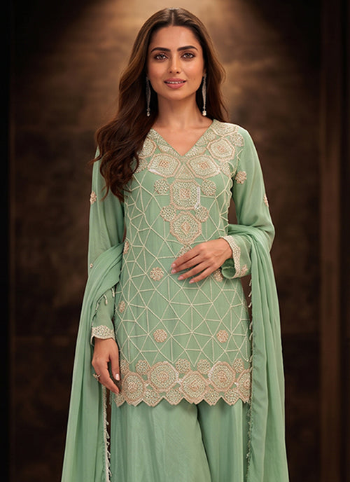 Mint Green Embroidered Palazzo Suit