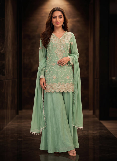 Mint Green Embroidered Palazzo Suit
