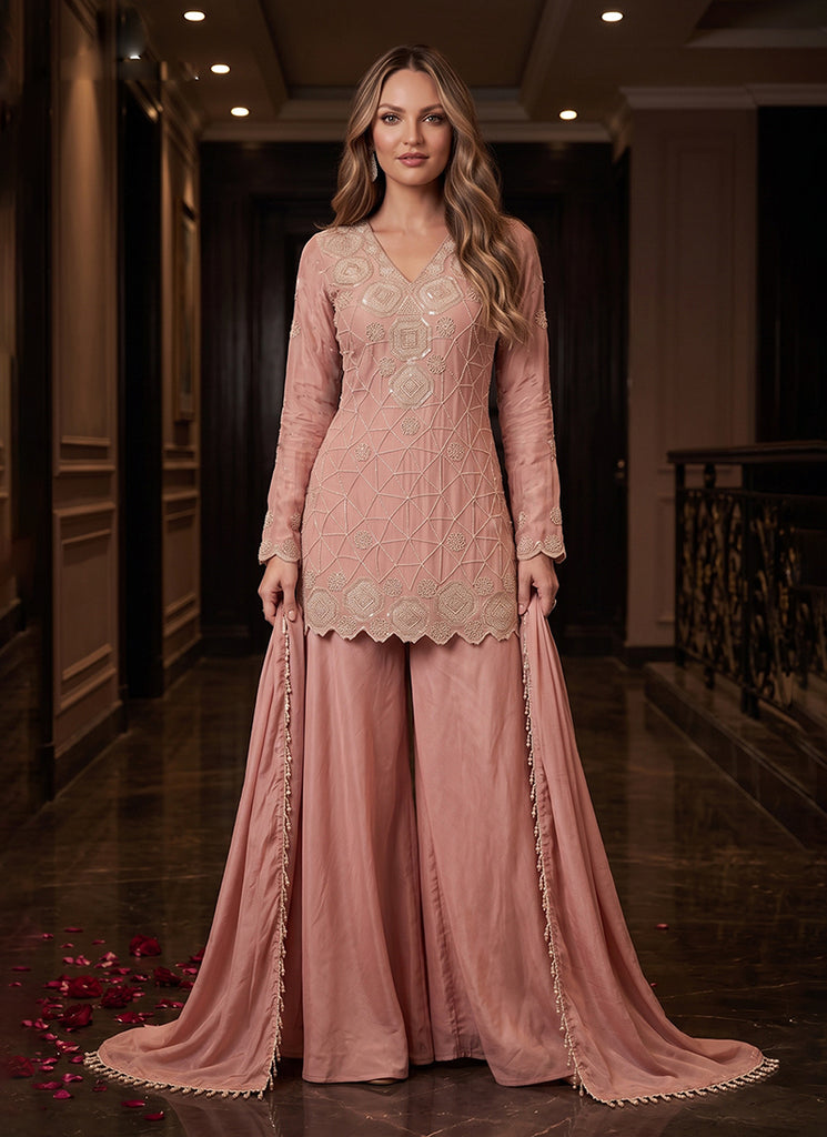 Dusty Rose Embroidered Palazzo Suit