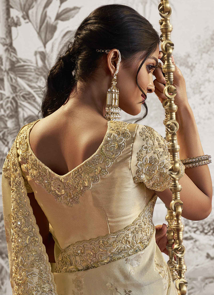 Buy Off White Golden Sequence Embroidery Wedding Saree Online | Hatkay Buy Off White Golden Sequence Embroidery Wedding Saree Online | Hatkay