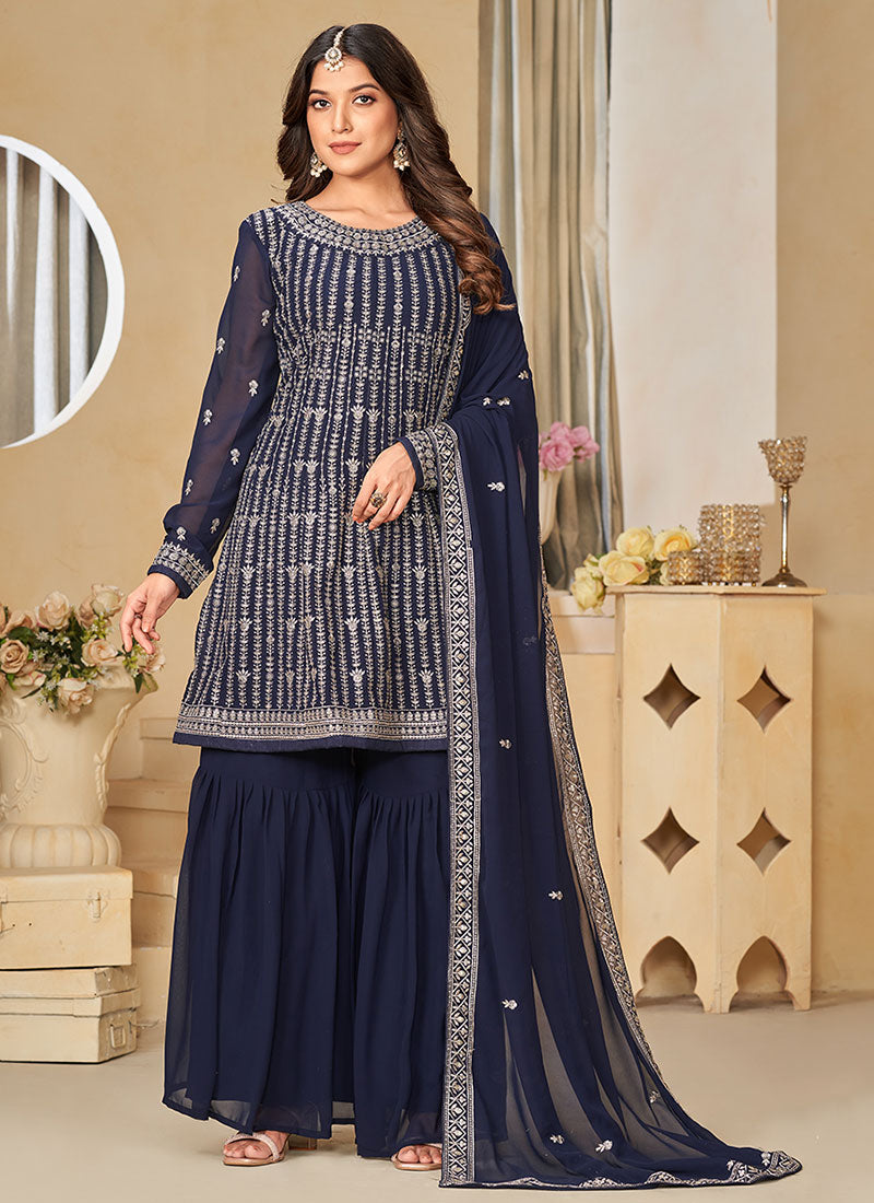 Blue Sequence Embroidery Gharara Suit