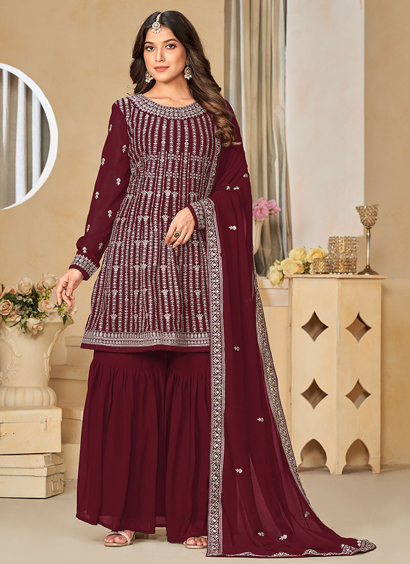 Maroon Sequence Embroidery Gharara Suit