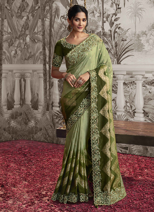 Green Golden Sequence Embroidery Wedding Saree