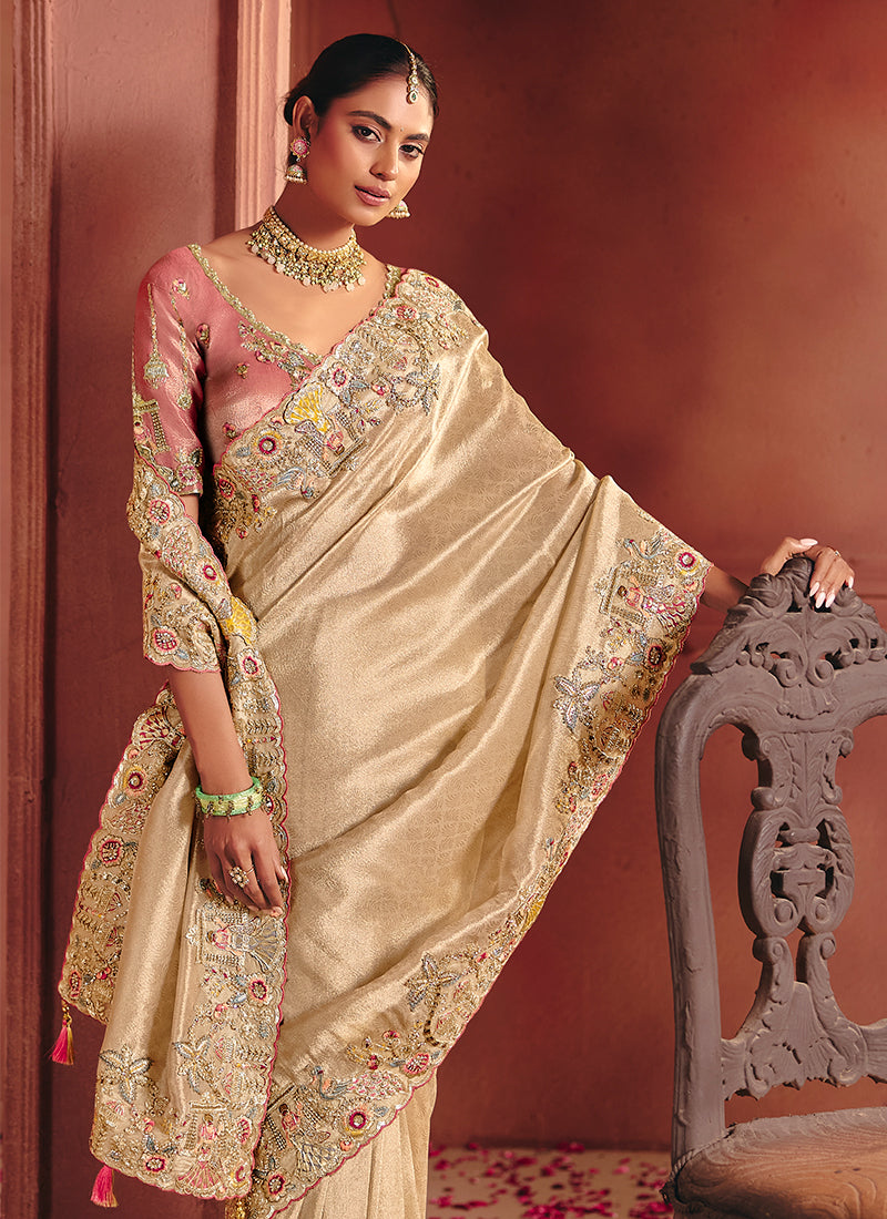 Cream and Pink Multi Embroidery Wedding Silk Saree