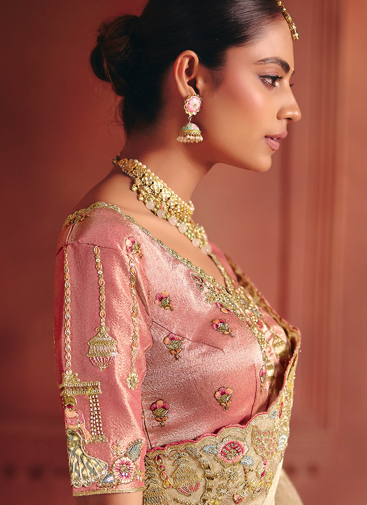 Cream and Pink Multi Embroidery Wedding Silk Saree