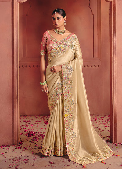 Cream and Pink Multi Embroidery Wedding Silk Saree