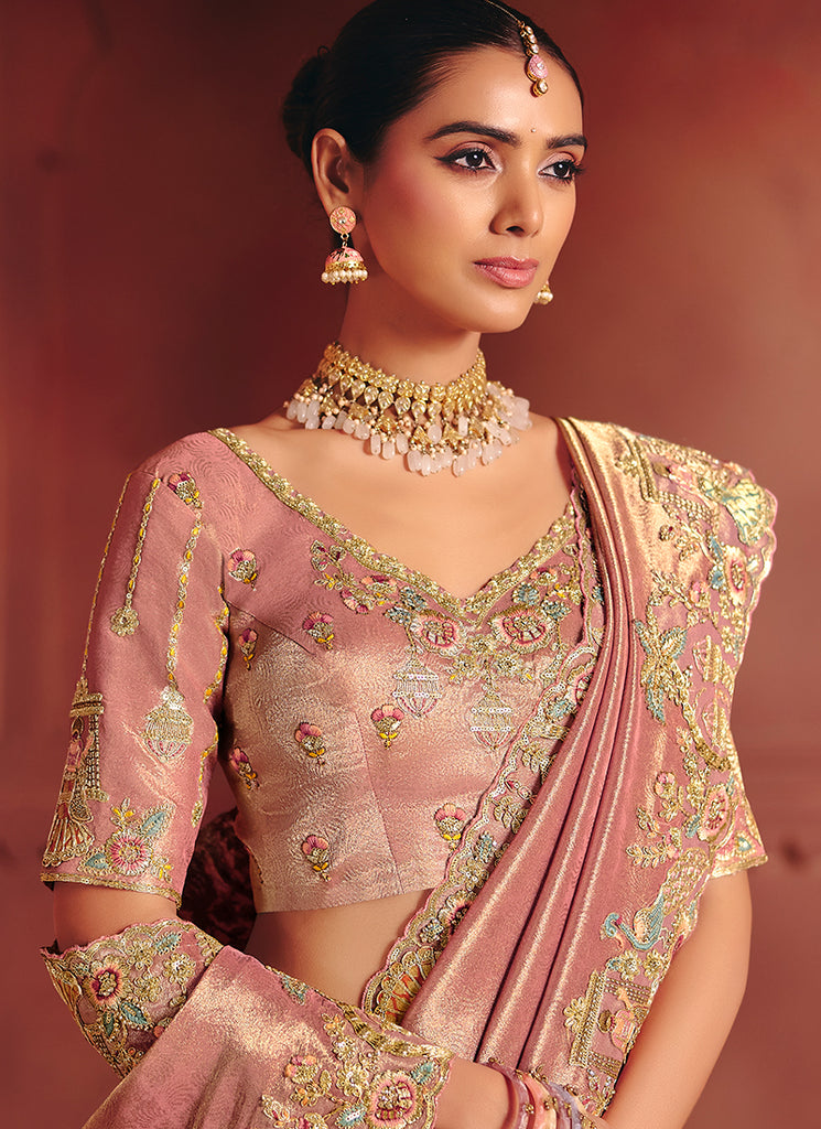 Rose Pink Multi Embroidery Wedding Silk Saree