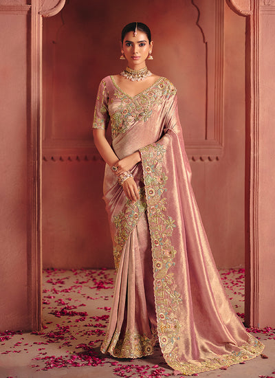 Rose Pink Multi Embroidery Wedding Silk Saree