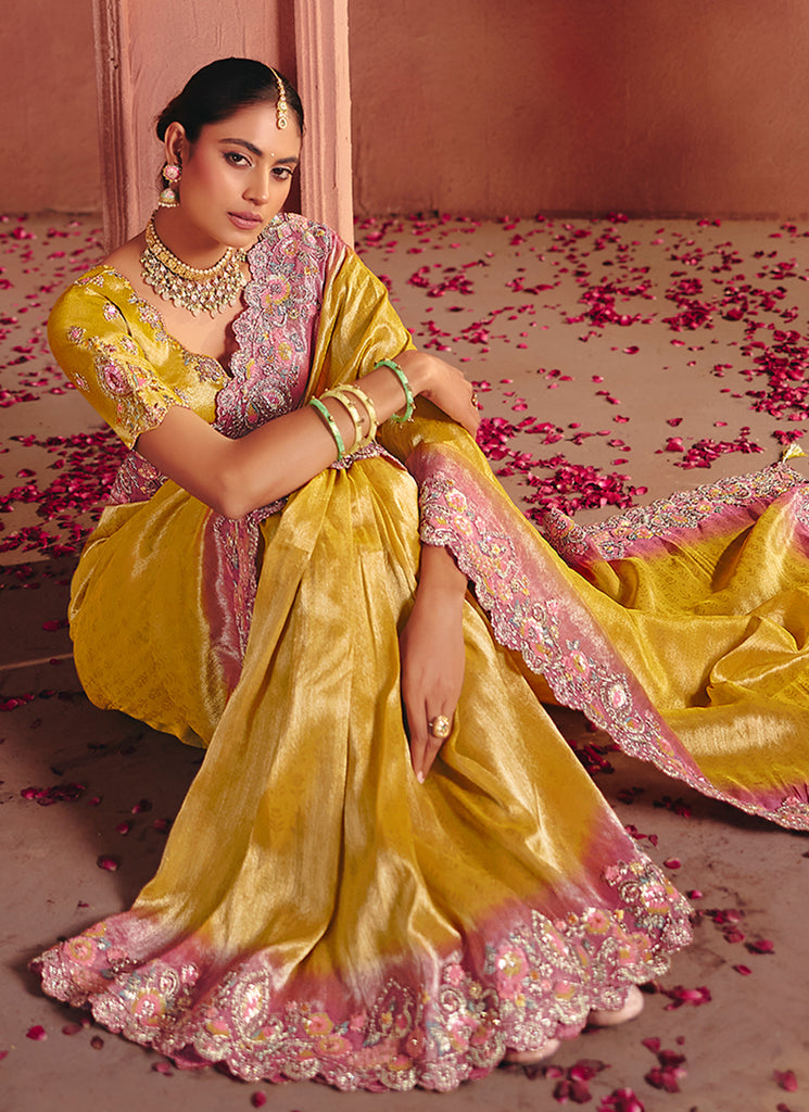 Yellow and Pink Multi Embroidery Wedding Silk Saree