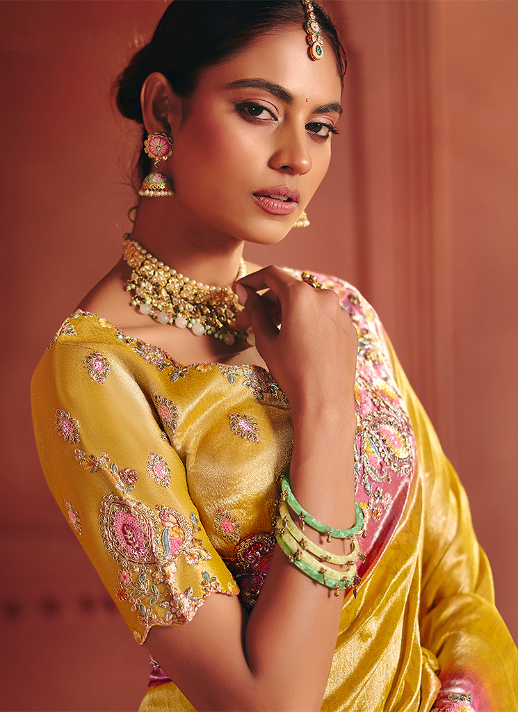 Yellow and Pink Multi Embroidery Wedding Silk Saree