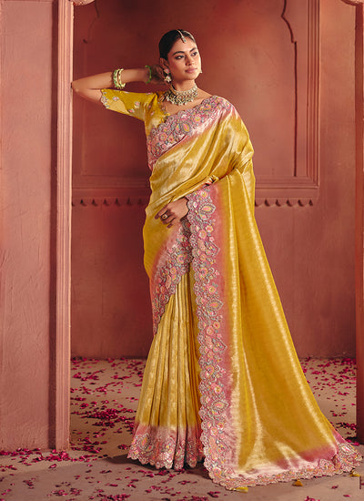 Yellow and Pink Multi Embroidery Wedding Silk Saree