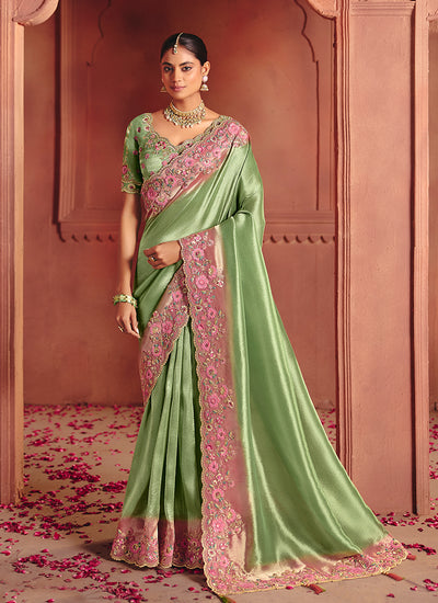 Green & Pink Multi Embroidery Wedding Silk Saree